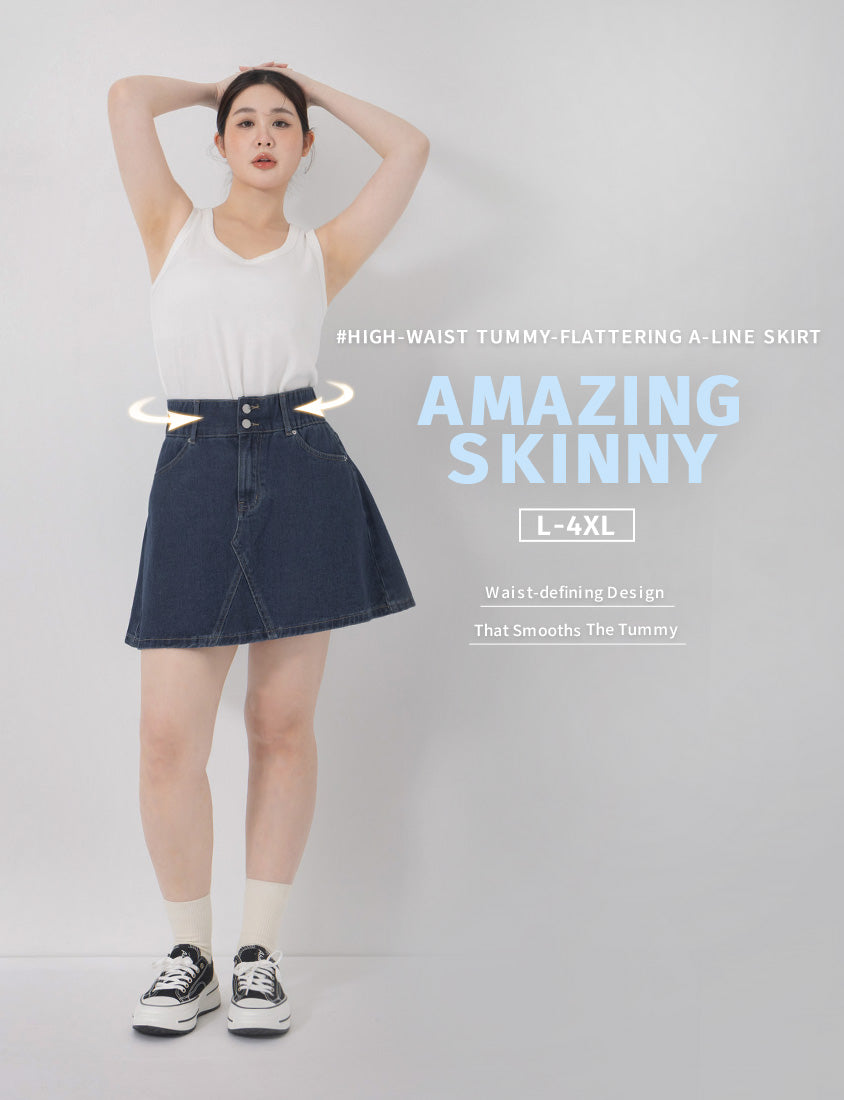Ultra High Waist Tummy Flattering Plus Size A-Line Denim Skirt