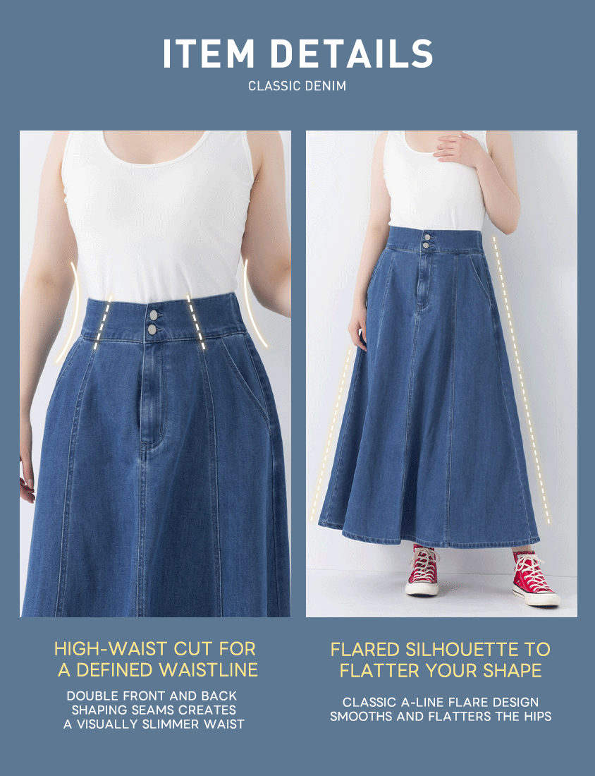 Lightweight Tencel Silky Denim Double Button Flare Plus Size Maxi Skirt