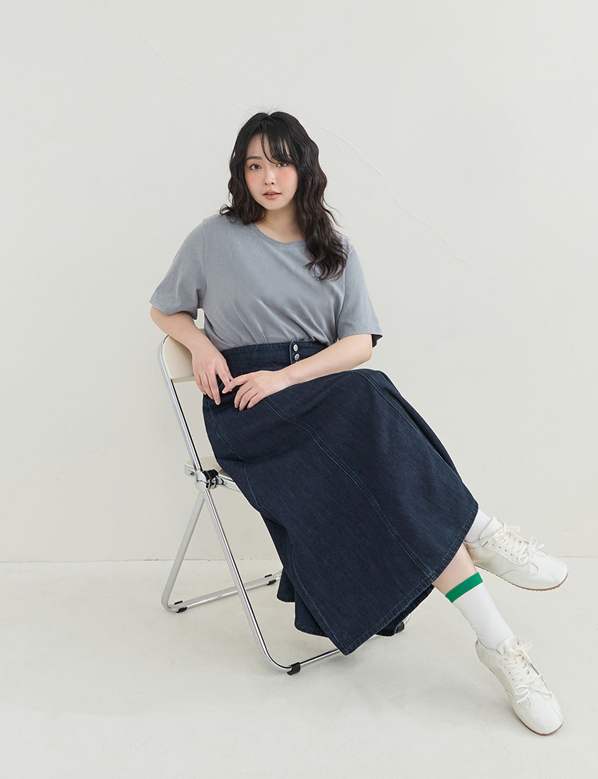 High Waist Flared Denim Plus Size Maxi Skirt