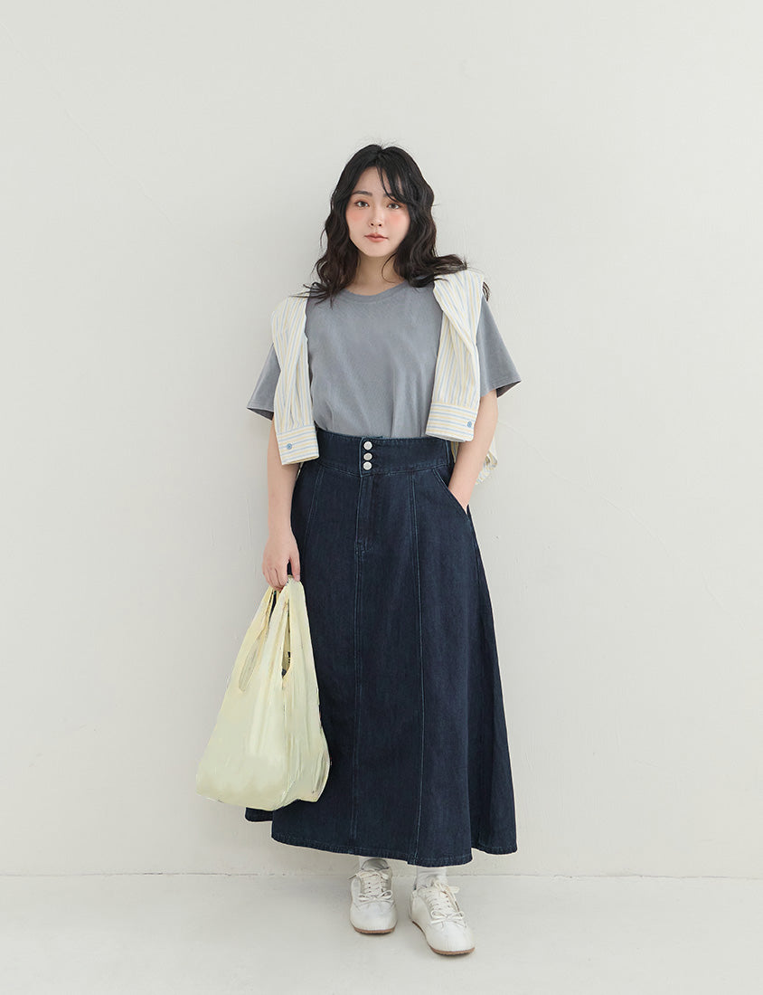 High Waist Flared Denim Plus Size Maxi Skirt
