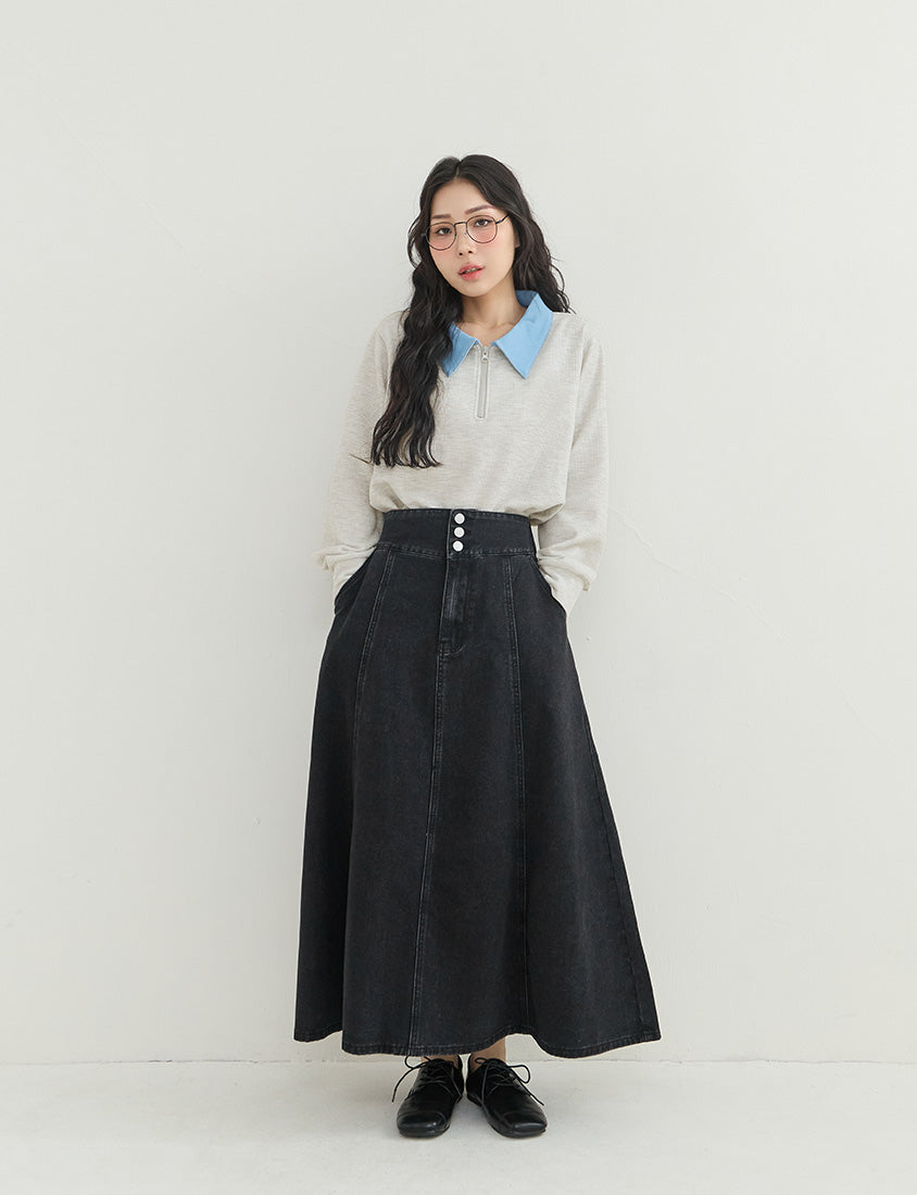 High Waist Flared Denim Plus Size Maxi Skirt