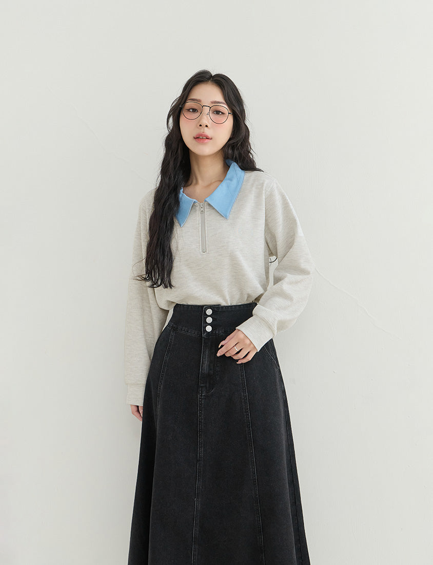 High Waist Flared Denim Plus Size Maxi Skirt