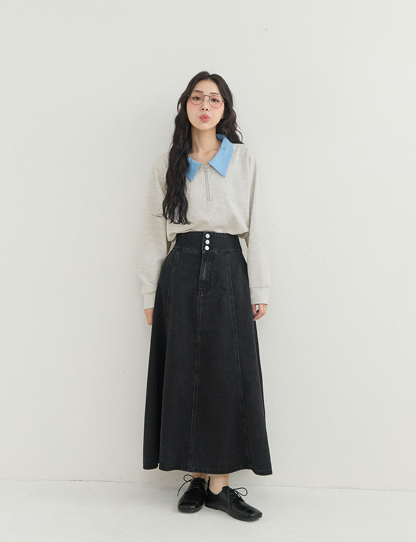 High Waist Flared Denim Plus Size Maxi Skirt