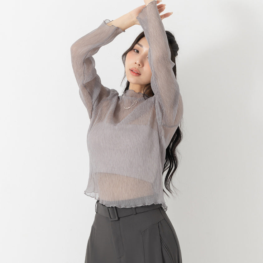 MISS. Ethereal Crinkle Sheer Mock-Neck Plus Size Top
