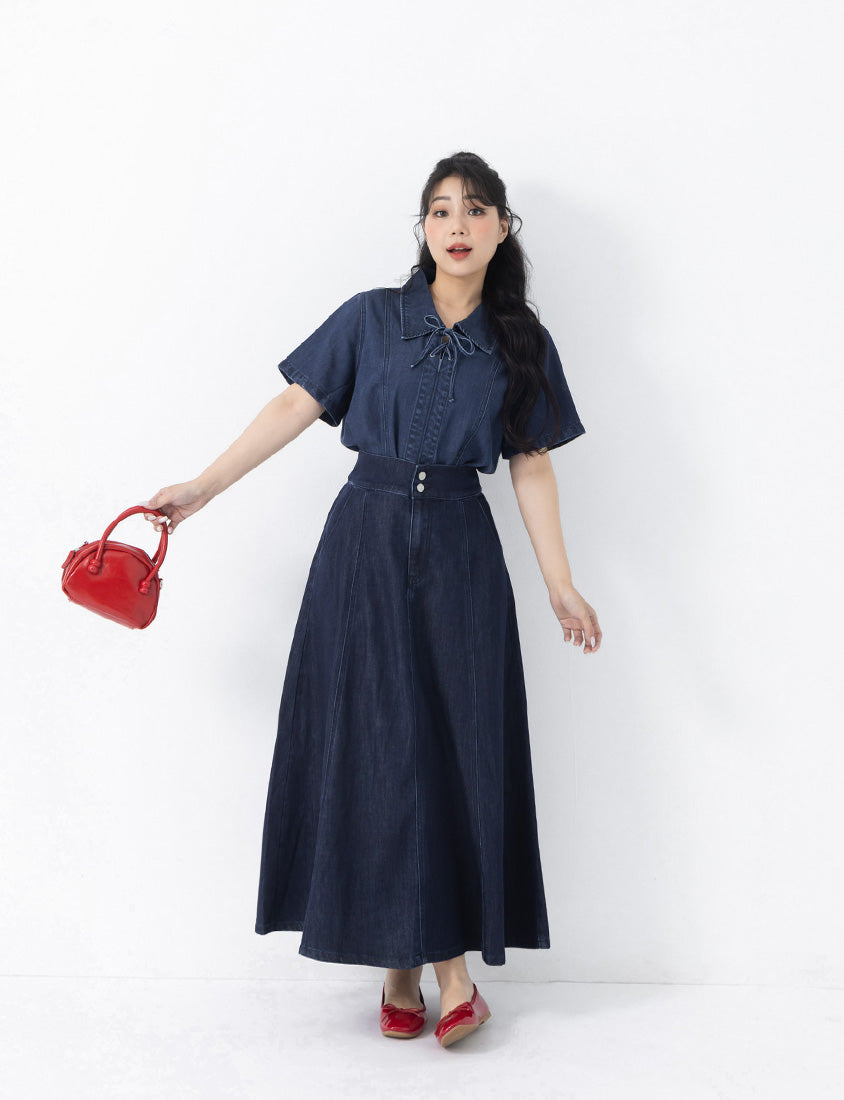 Tencel Silky Denim Tie-Front Collar Plus Size Top