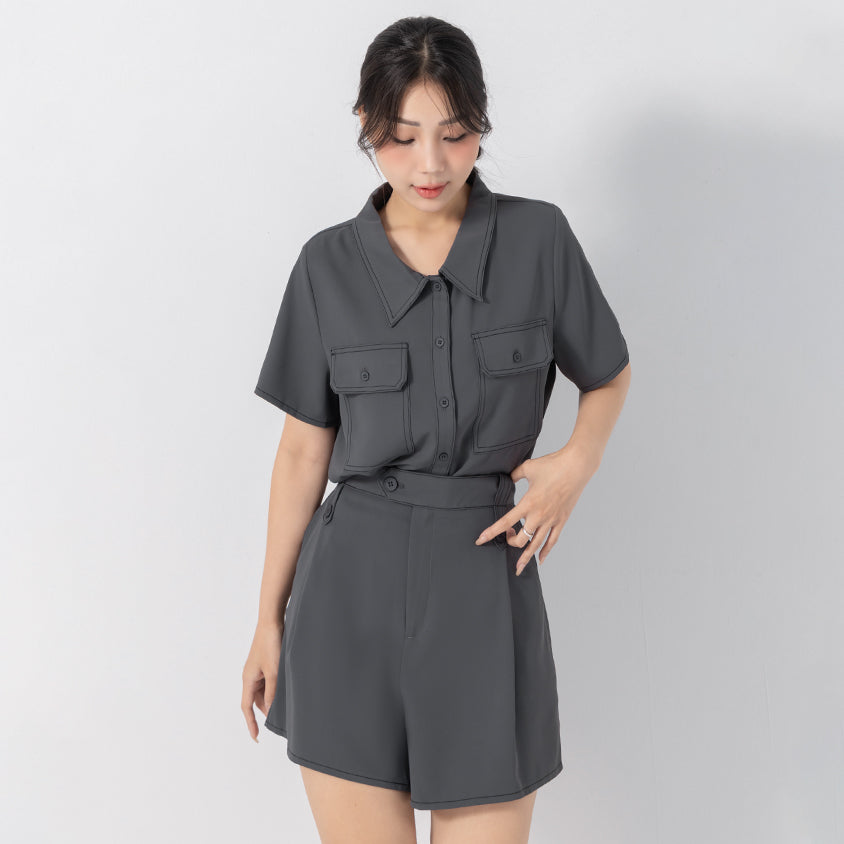 Contrast Stitch Lightweight Utility Chiffon Plus Size Shirt