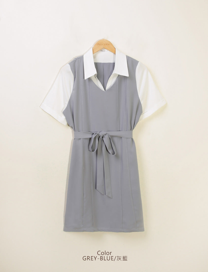 MISS. Faux Two-Piece Color-Block Stitching Plus Size Mini Dress (With Belt)