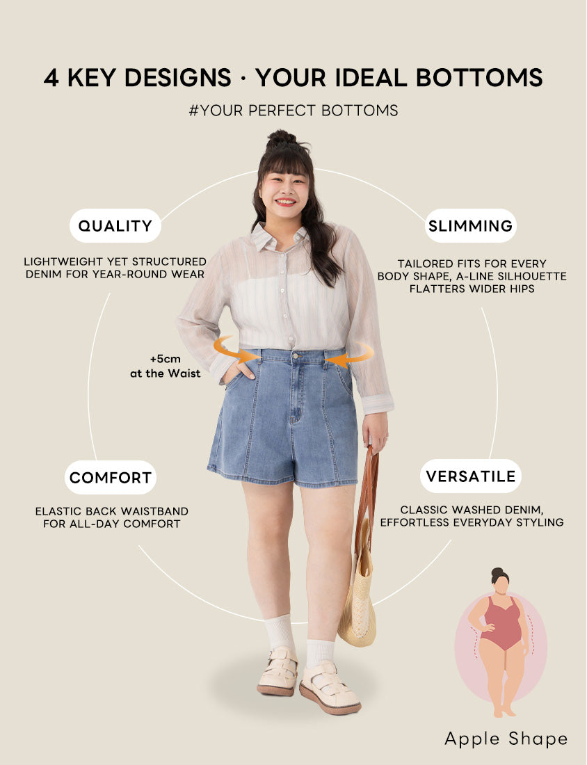 Apple-Shaped Friendly! Perfect Fit Slim Fit A-Line Plus Size Denim Shorts