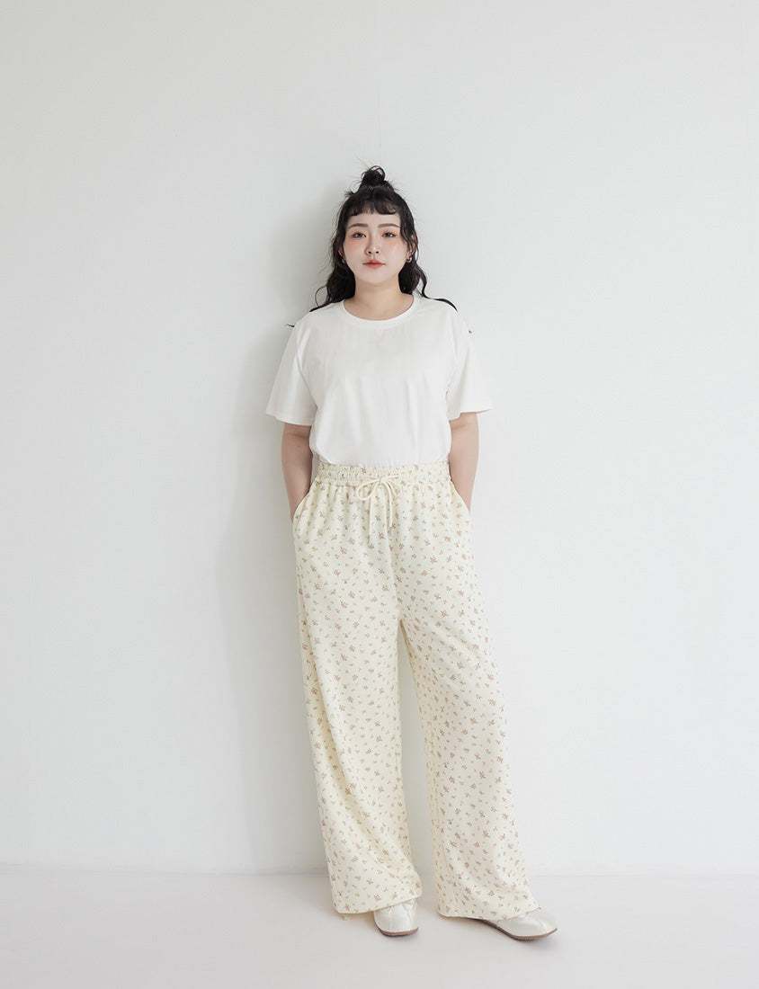 Floral Cloud Cotton Drawstring Plus Size Pants