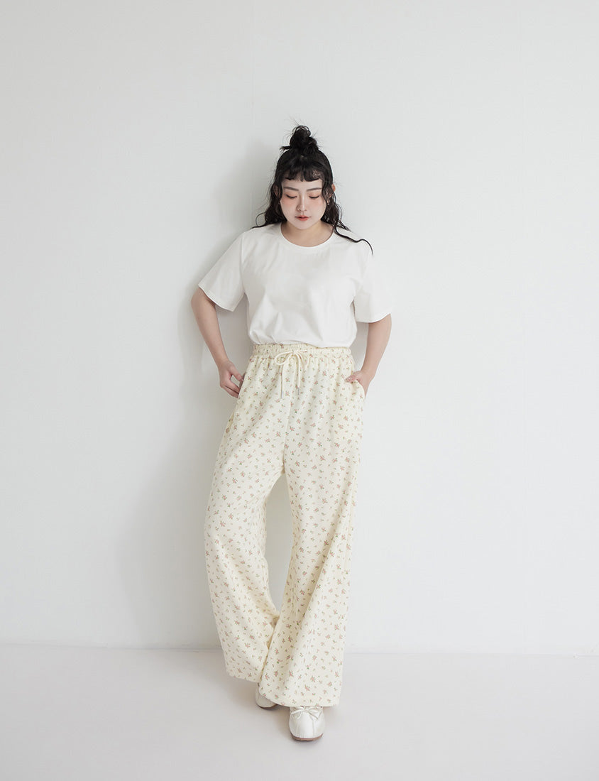 Floral Cloud Cotton Drawstring Plus Size Pants