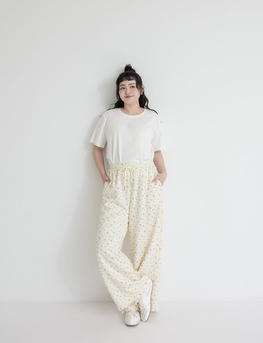 Floral Cloud Cotton Drawstring Plus Size Pants