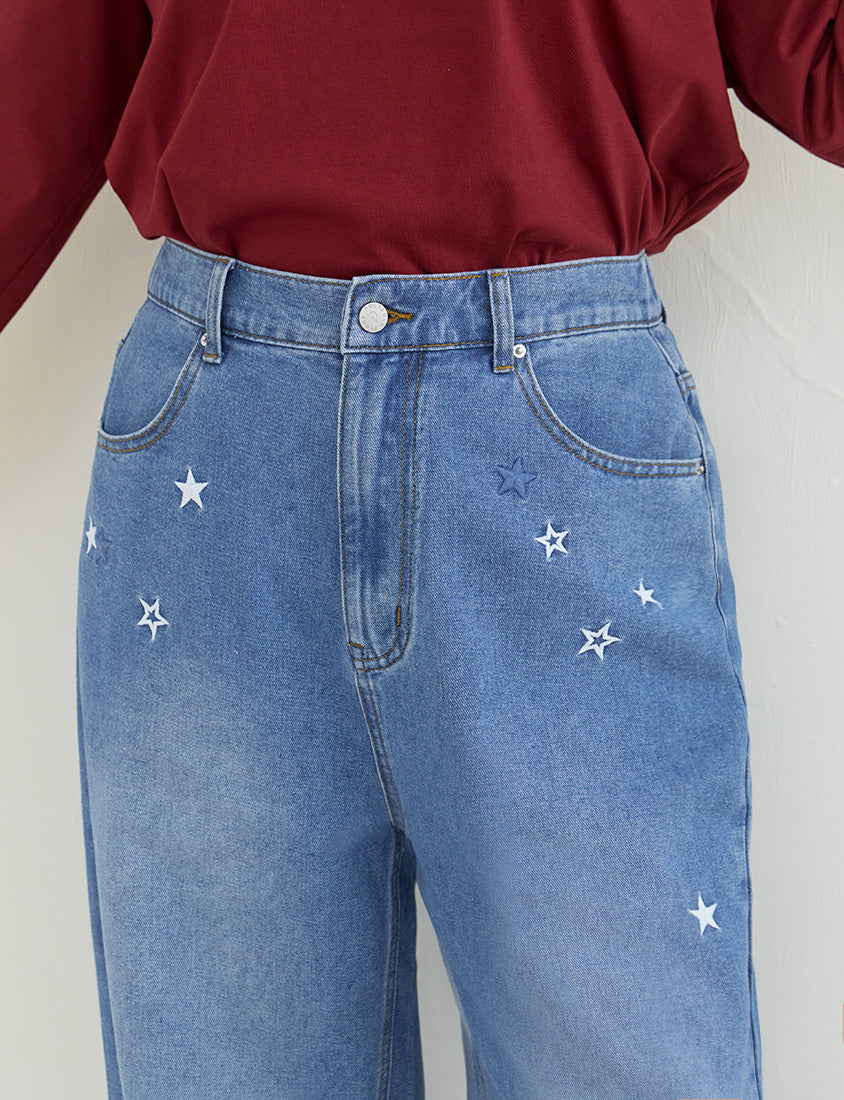 Star Embroidered Denim Plus Size Wide Leg Jeans