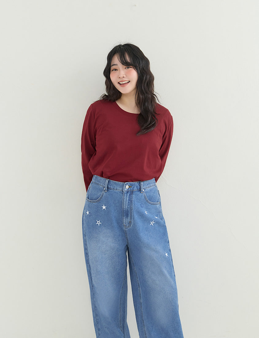 Star Embroidered Denim Plus Size Wide Leg Jeans