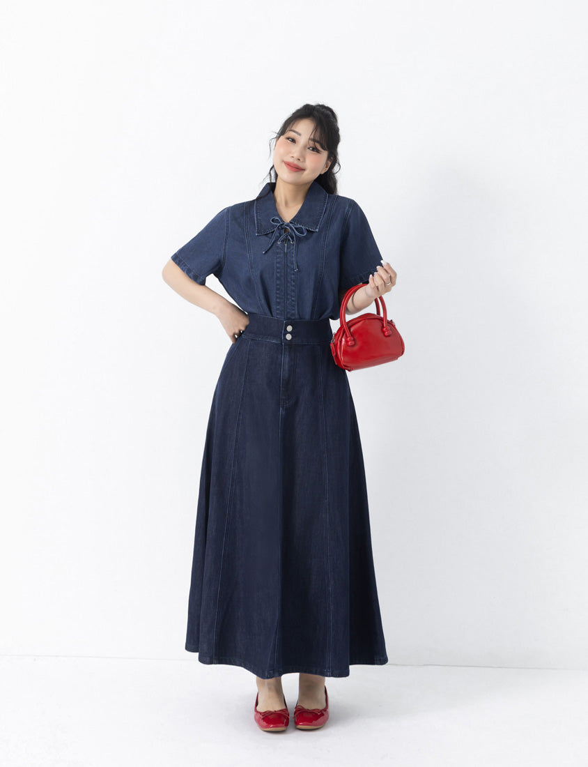 Lightweight Tencel Silky Denim Double Button Flare Plus Size Maxi Skirt