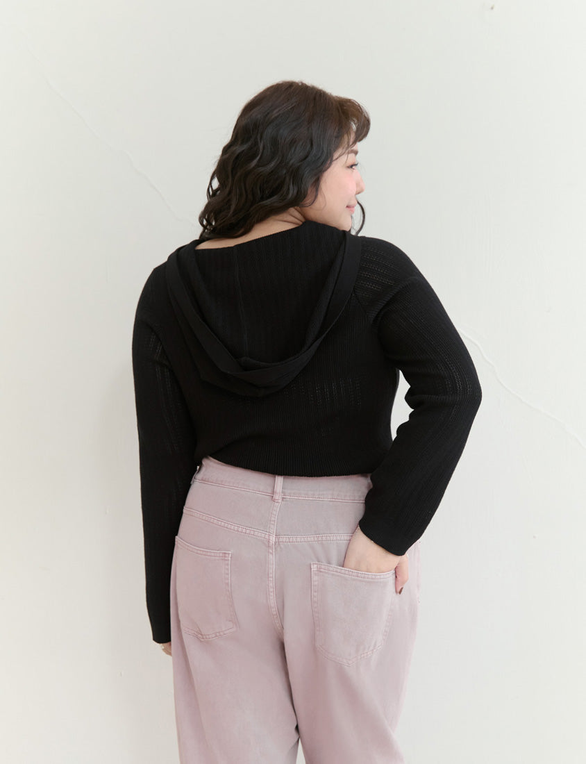 Openwork Knit Hooded Button-Up Plus Size Long Sleeve Cardigan