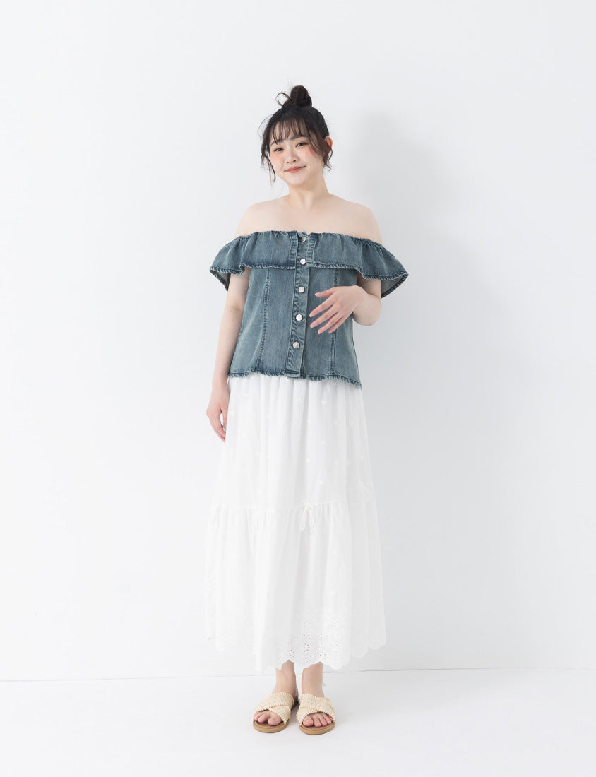 Tencel Silky Denim Ruffle Plus Size Off-Shoulder Top
