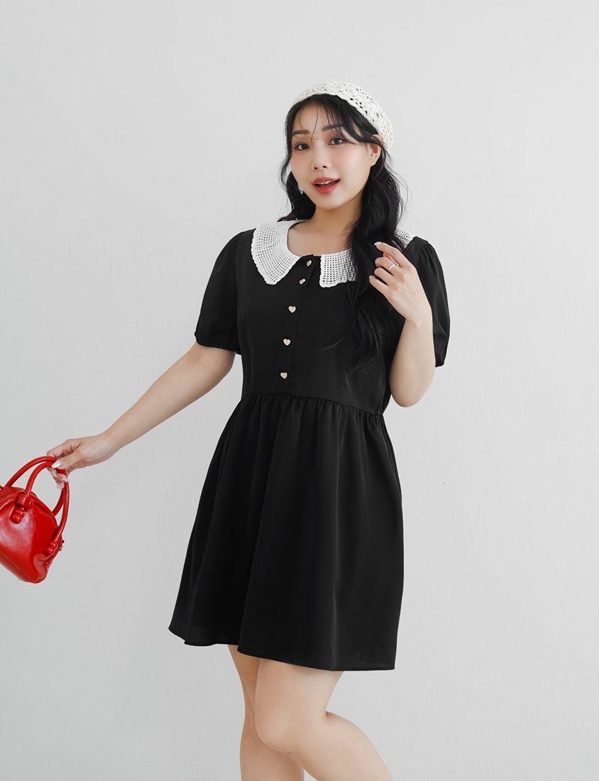 Lace Large-Collar Puff Sleeve Plus Size Mini Dress