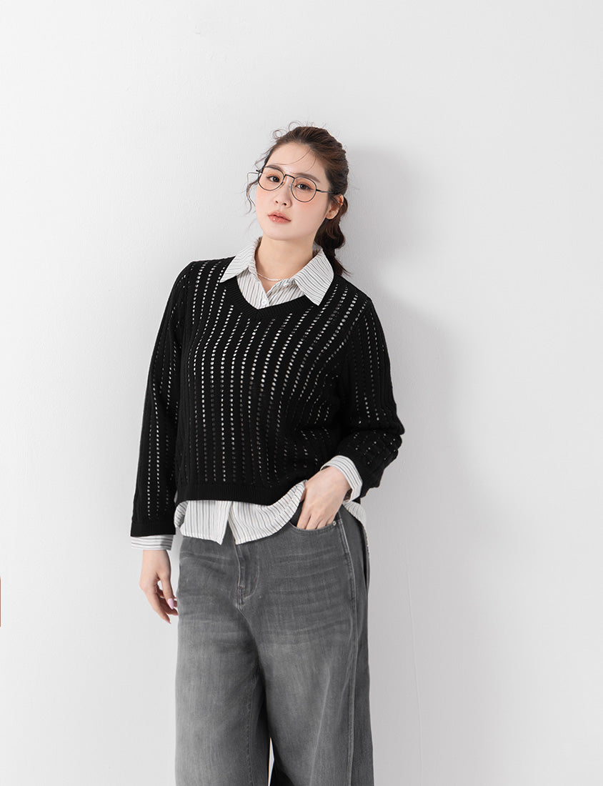 V-Neck Openwork Ribbed Knit Long Sleeve Plus Size Top