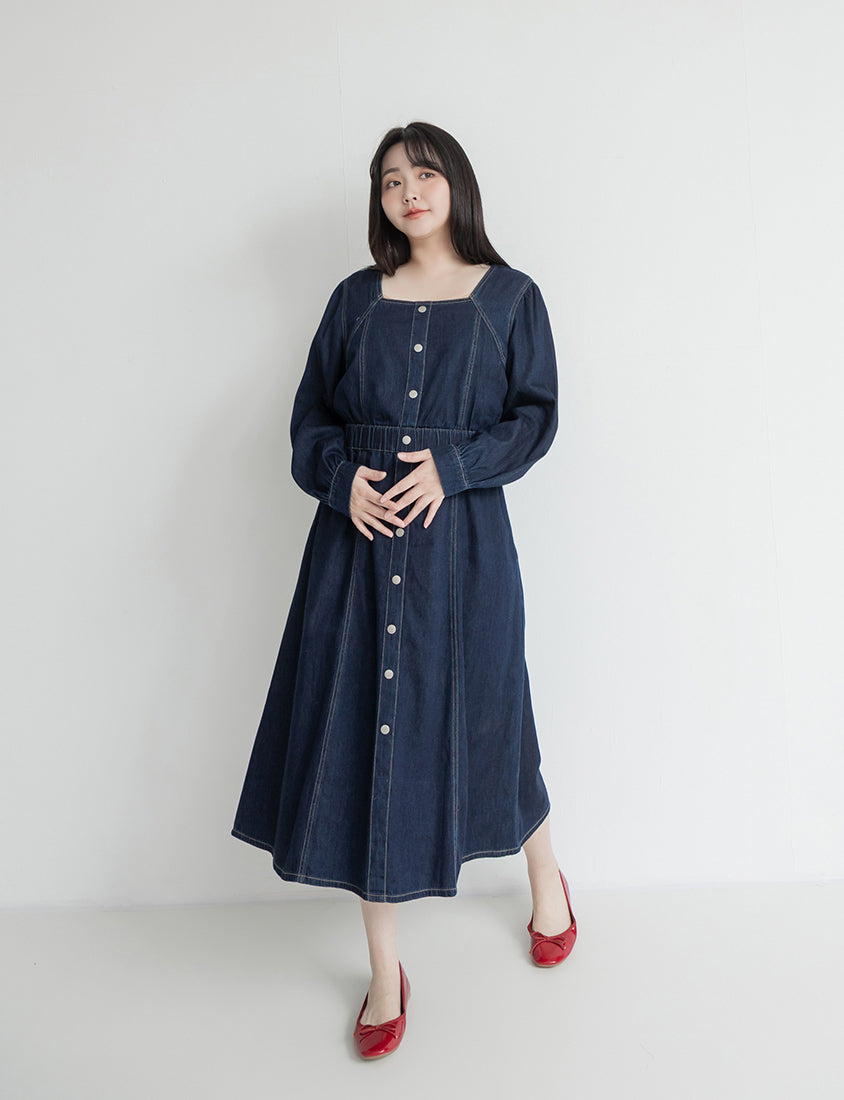 Smock-Waisted Square Neck Faux-Button Denim Plus Size Maxi Dress