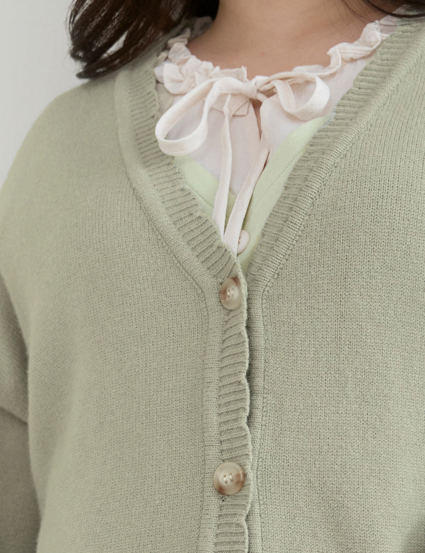 Cute Lettuce Trim V-Neck Knit Plus Size Cardigan