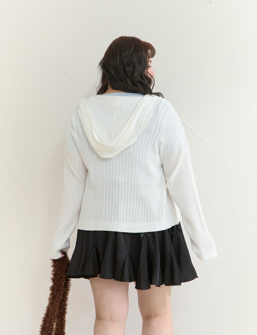 Openwork Knit Hooded Button-Up Plus Size Long Sleeve Cardigan