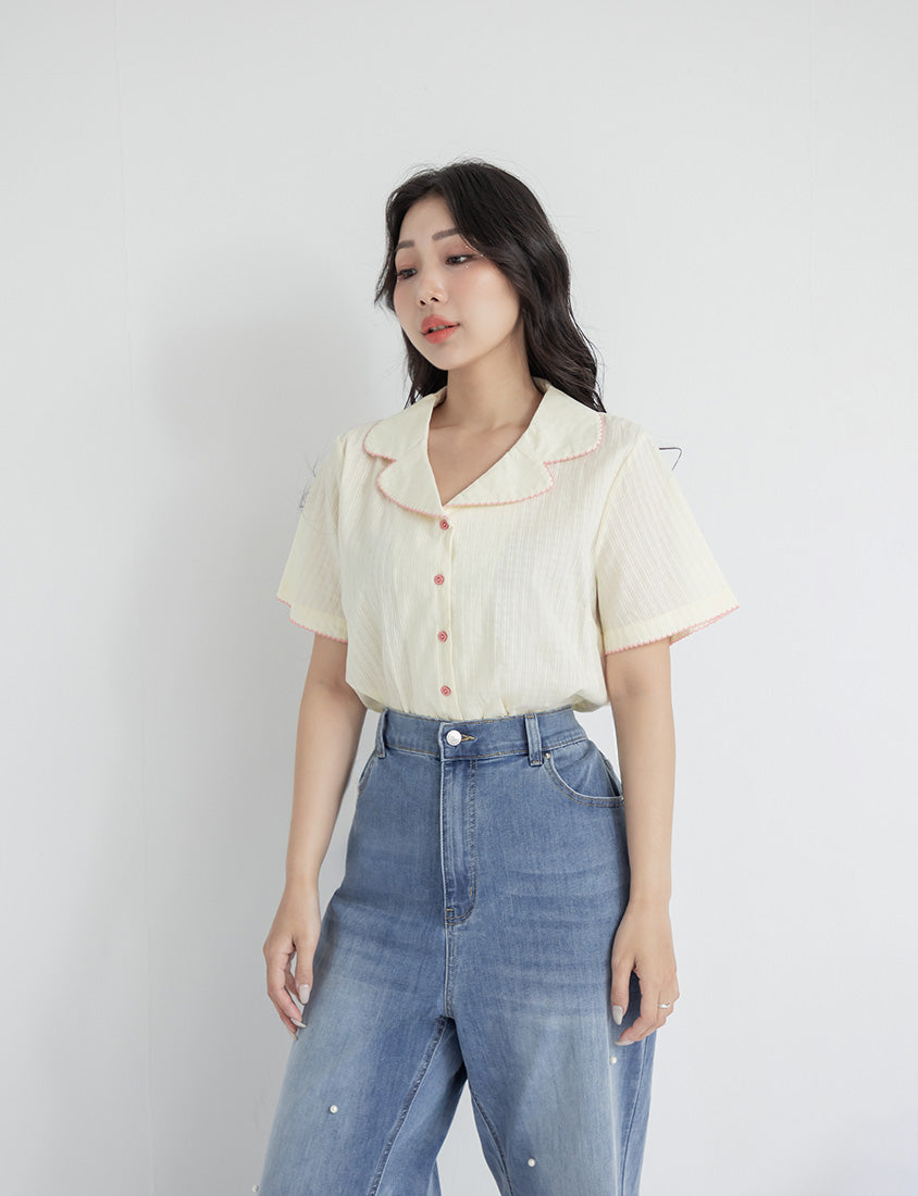 Cute Jacquard Contrast Cuban Collar Plus Size Shirt