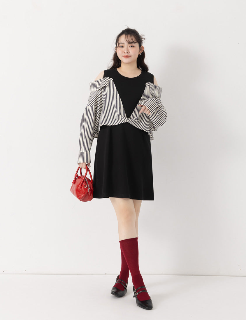 Faux Two Piece Cloud Cotton Contrast Stripe Plus Size Dress