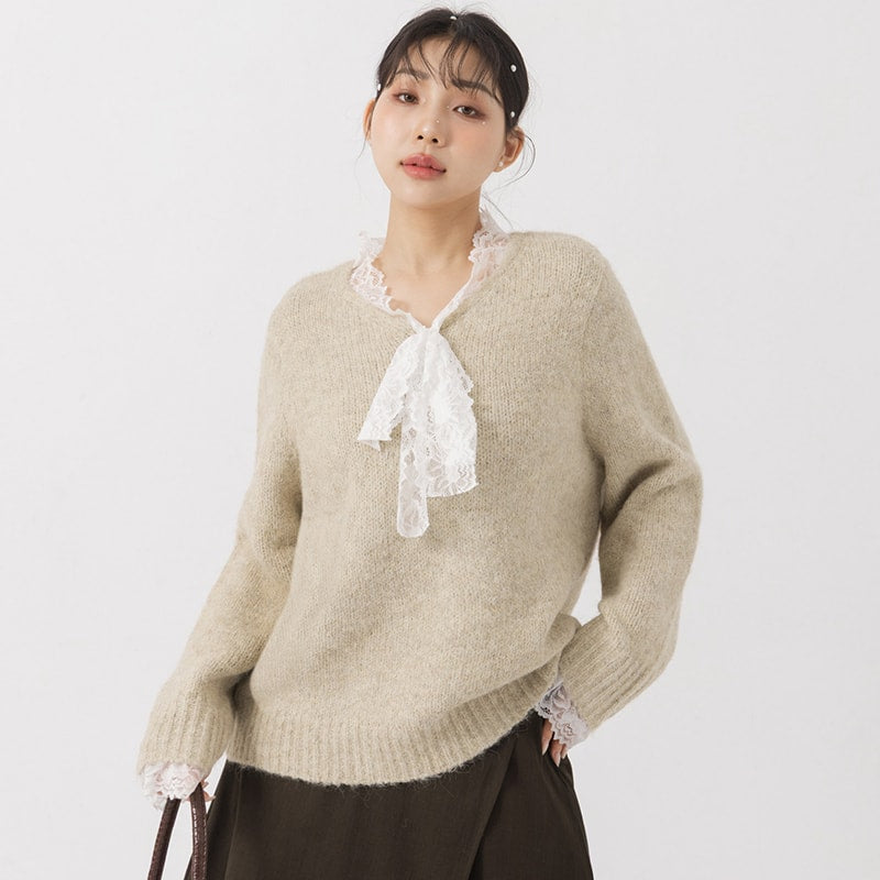 MISS. Lace Tie Longline Plus Size Knit Top