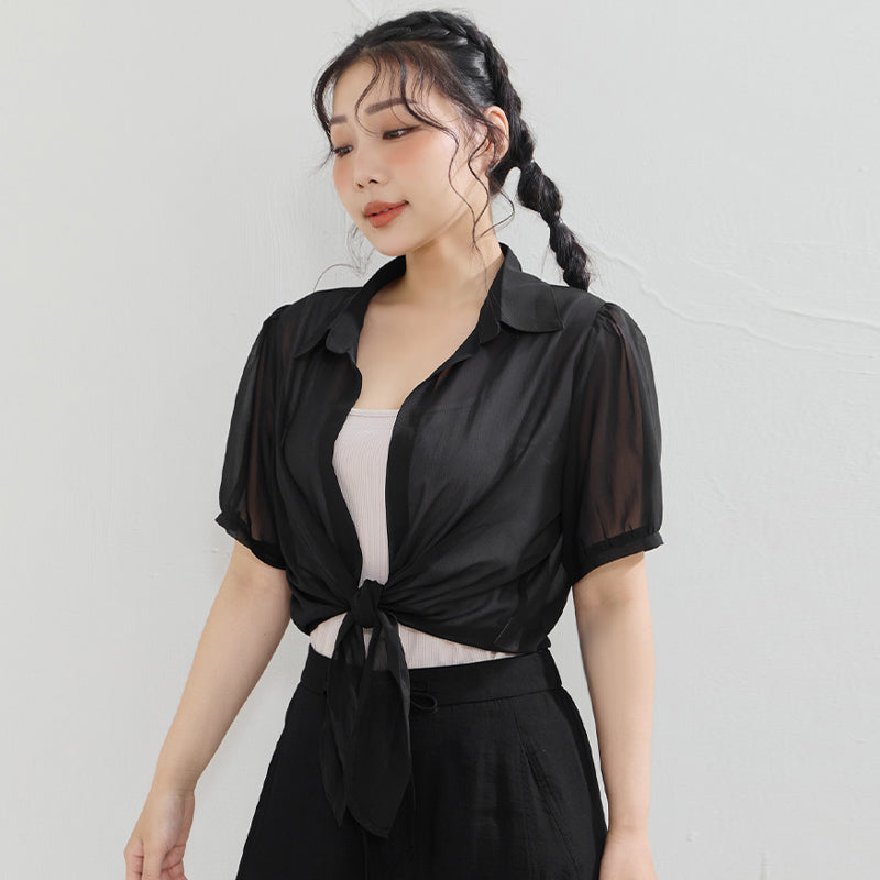 Sheer Tie-Front Collar Plus Size Cardigan