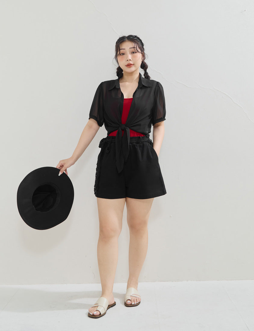 Sheer Tie-Front Collar Plus Size Cardigan