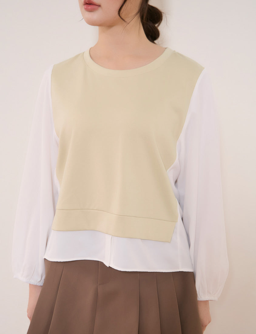 Crewneck Puff Sleeve Faux Two Piece Plus Size Long Sleeve Top