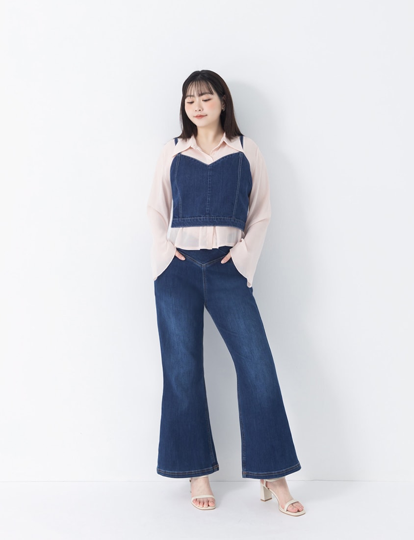 Sheer Crinkle Bell Sleeve Cropped Plus Size Shirt