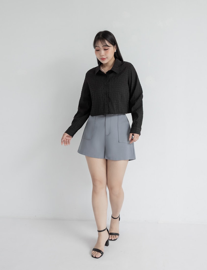 MISS. Sheer Plaid Cropped Plus Size Long Sleeve Shirt