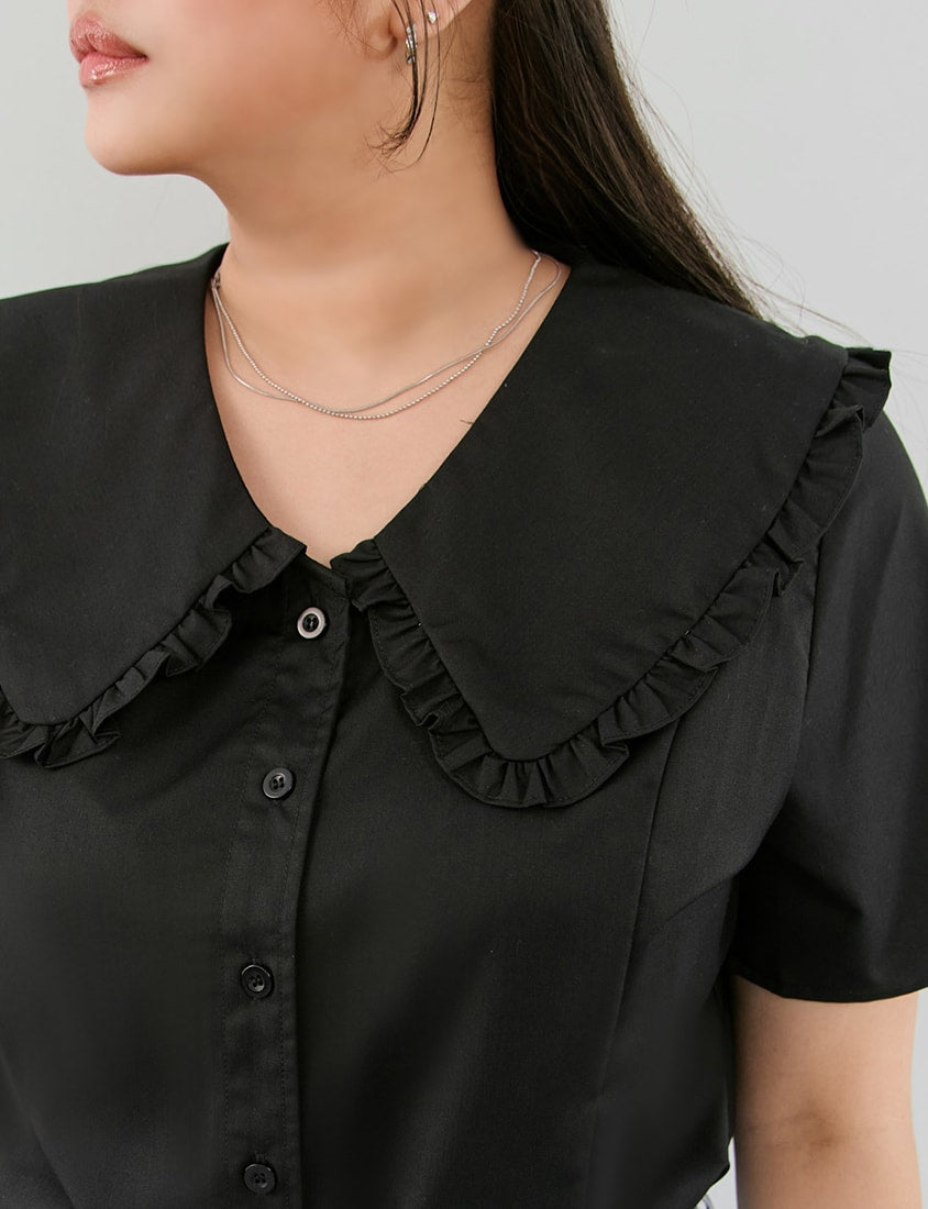 Playful Ruffle Collar Plus Size Short Sleeve Shirt