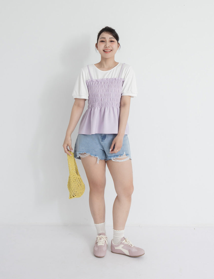 Sweet Crinkle Faux Two-Piece Short Sleeve Plus Size Top