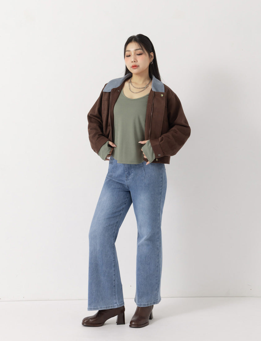 MUA! U-Neck Ribbed Curved Hem Plus Size Long Sleeve Top