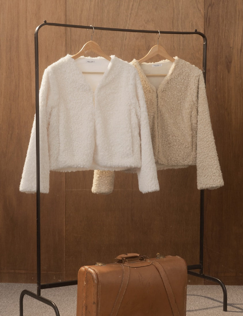 MISS. Japanese Style V-Neck Curly Knit Plus Size Cropped Jacket