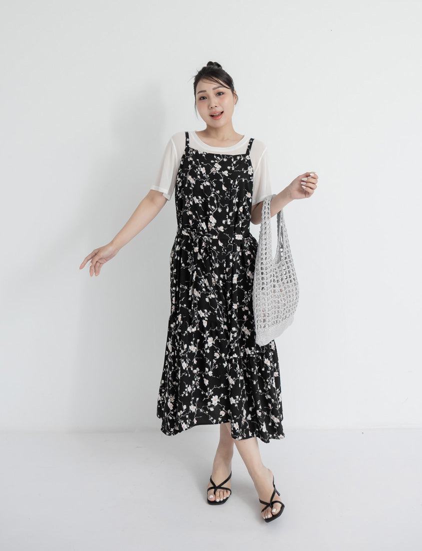 Elegant Floral Cami Strap Plus Size Maxi Dress (With Belt)