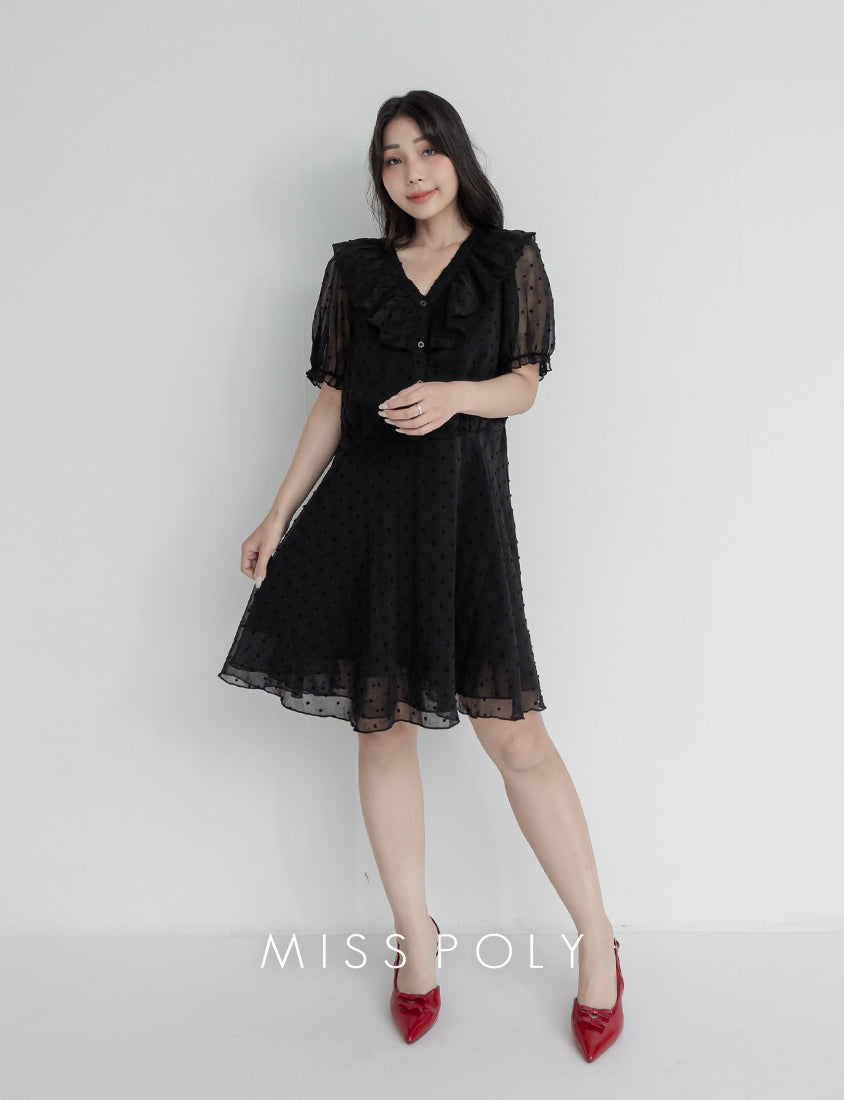 MISS. Polka Dot Jacquard Ruffle V-Neck Plus Size Mini Dress