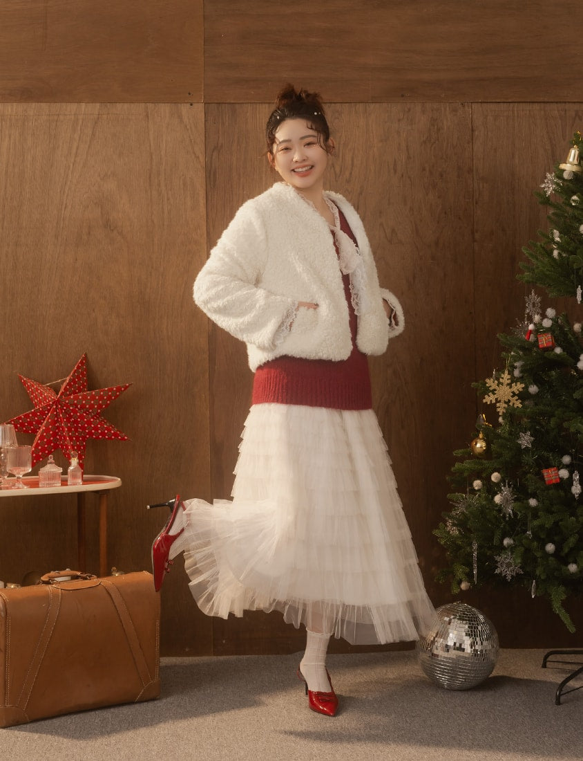 MISS. Japanese Style V-Neck Curly Knit Plus Size Cropped Jacket