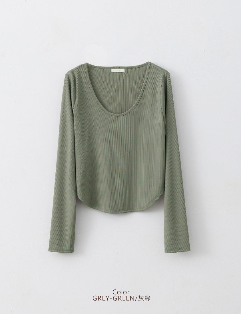 MUA! U-Neck Ribbed Curved Hem Plus Size Long Sleeve Top