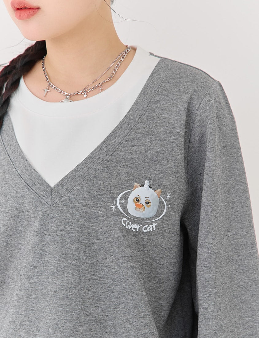 Snowball Cover Cat Faux Layered Plus Size Cloud Cotton Top (Unisex) (MIND.A.DAY Collaboration)