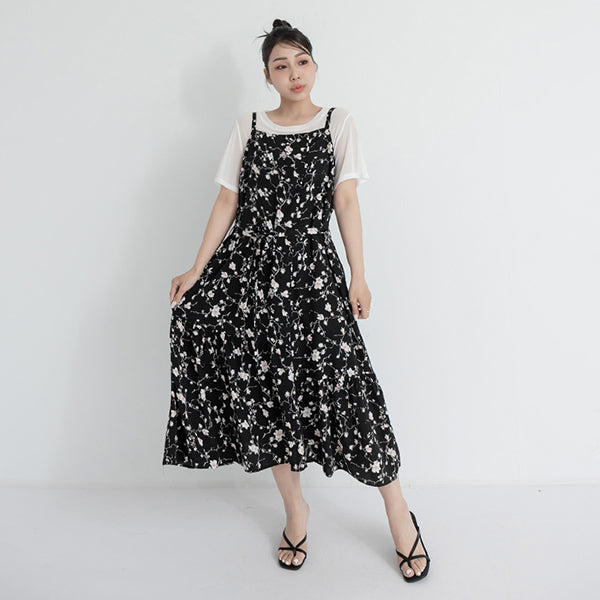 Elegant Floral Cami Strap Plus Size Maxi Dress (With Belt)