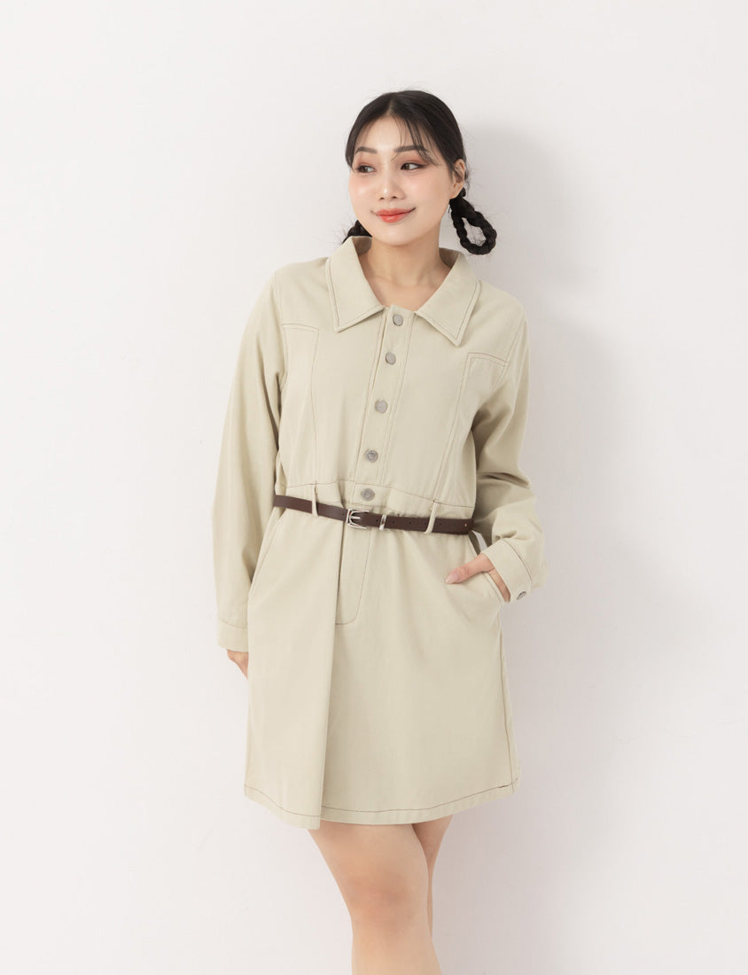 Twill Colorblock Topstitched Button-Up Plus Size Mini Dress (With Belt)