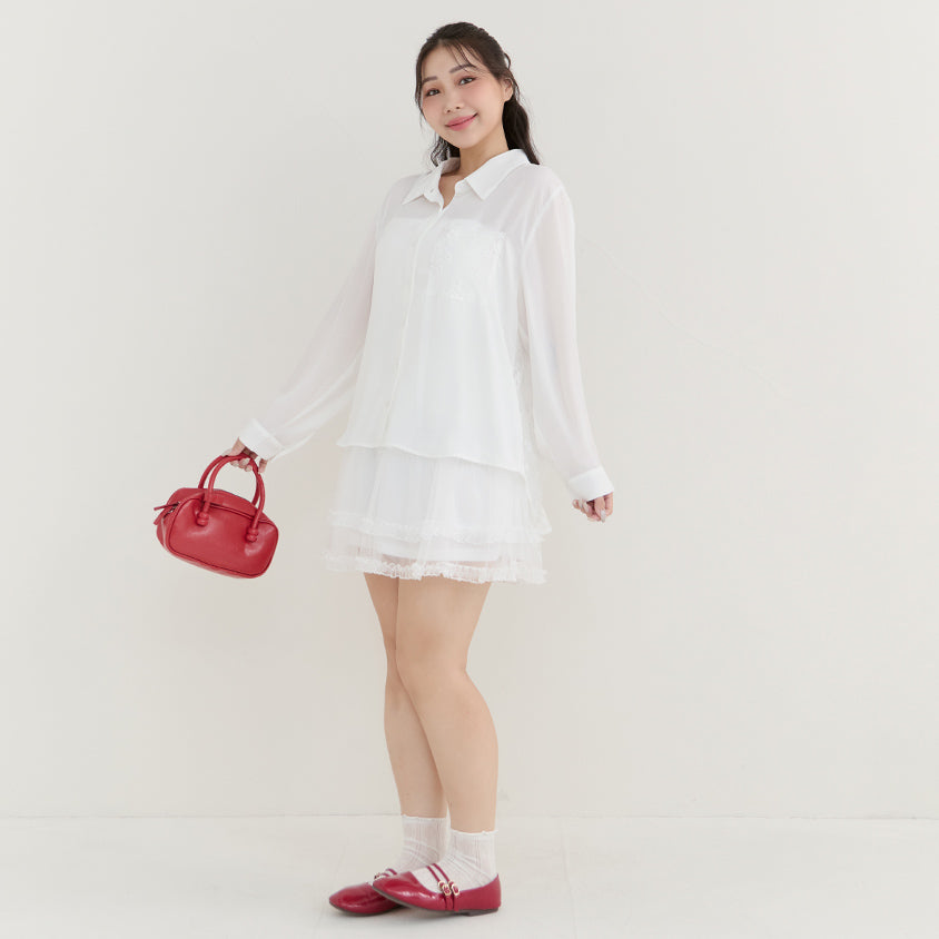 Elegant Lace Patchwork Semi-Sheer Chiffon Plus Size Shirt