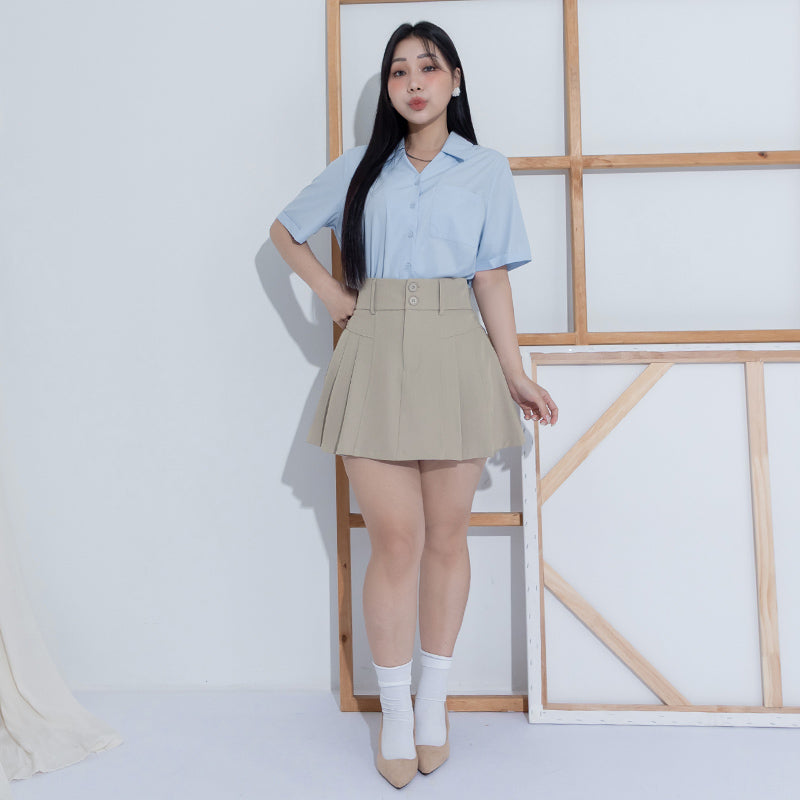 MISS. High Waist Tummy Flattering Pleated Tailored Plus Size Mini Skirt