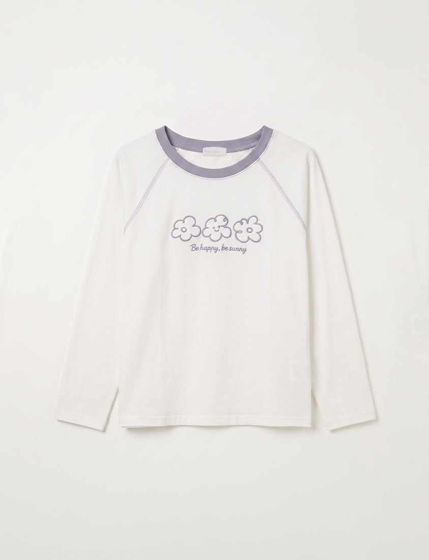 Contrast Floral Puff Print Long-Sleeve Plus Size Tee