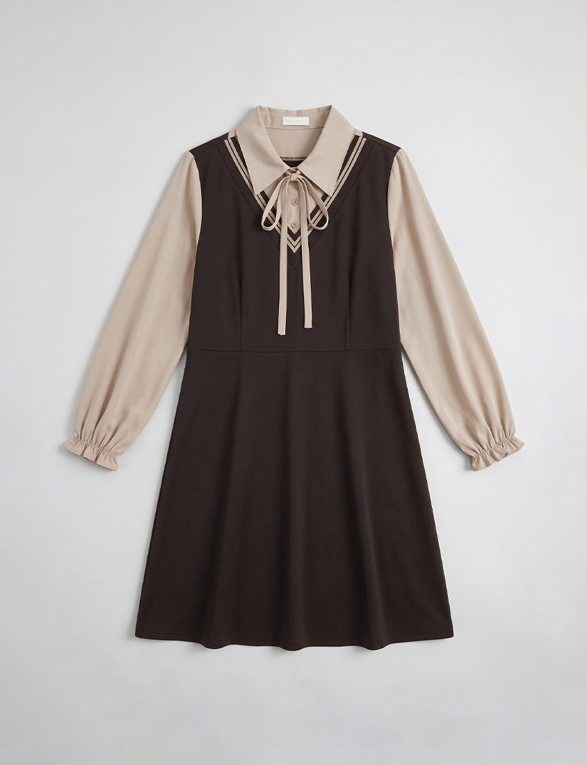 Preppy Contrast Color Faux Two-Piece Plus Size Mini Dress (With Tie)
