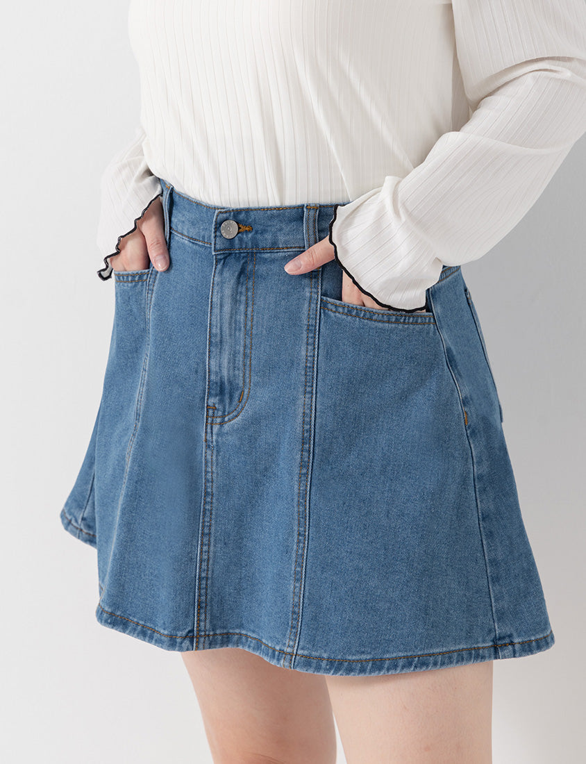 Standard Perfect Fit Seamed A-Line Denim Plus Size Mini Skirt