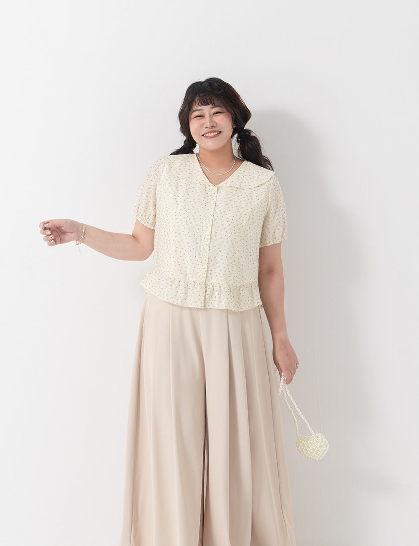 Fresh Floral Collared Cinched Waist Plus Size Blouse